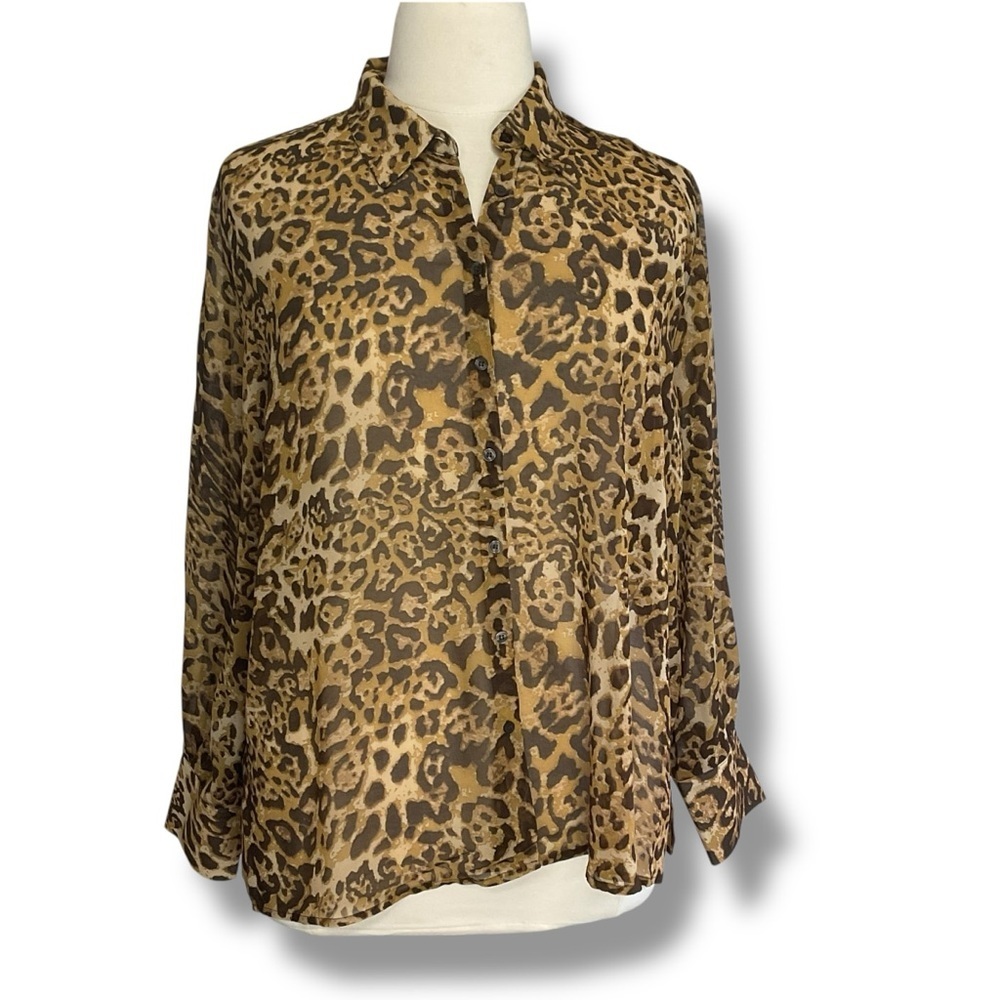 Rachel Zoe Top Leopard Print‎ Longsleeve Sheer Shirt Blouse Brown Size 2X